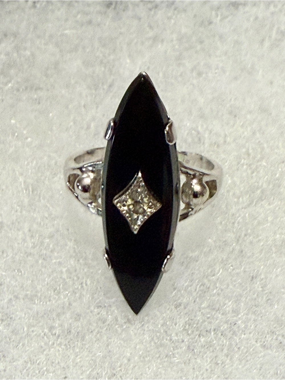 Vintage Vargas Sterling Art Deco Onyx Marquise Navette Diamond Accent Ring 6